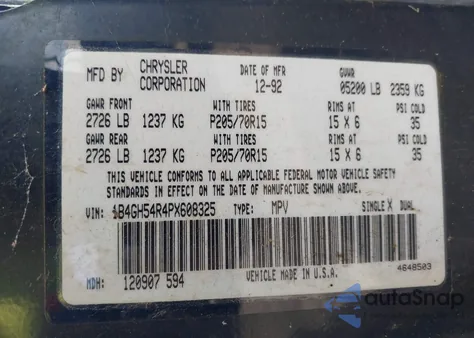 1993 Dodge Grand Caravan Le/Es z USA, uszkodzony, nr VIN 1B4GH54R4PX608325